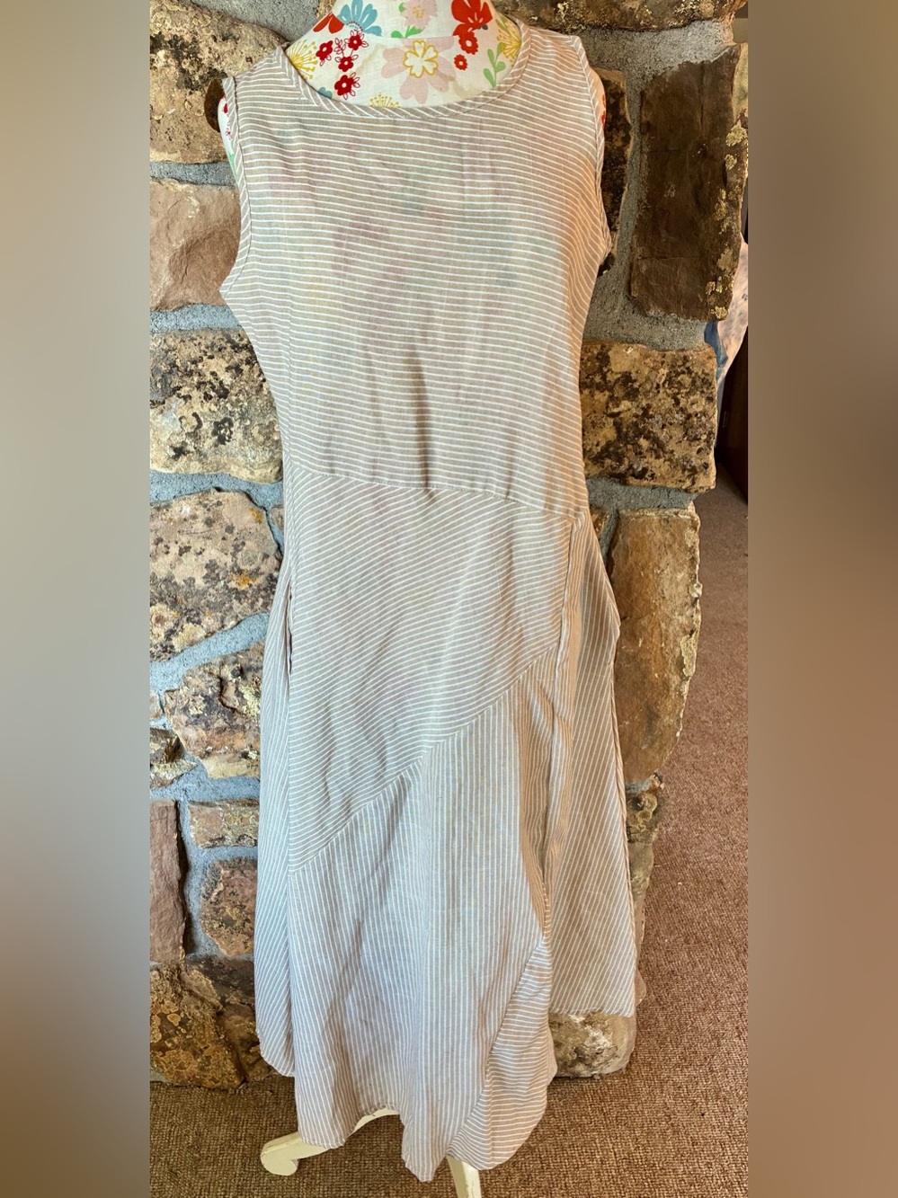 Hand Sewn Sleeveless Cream and Tan Striped Summer Dress-100% cotton